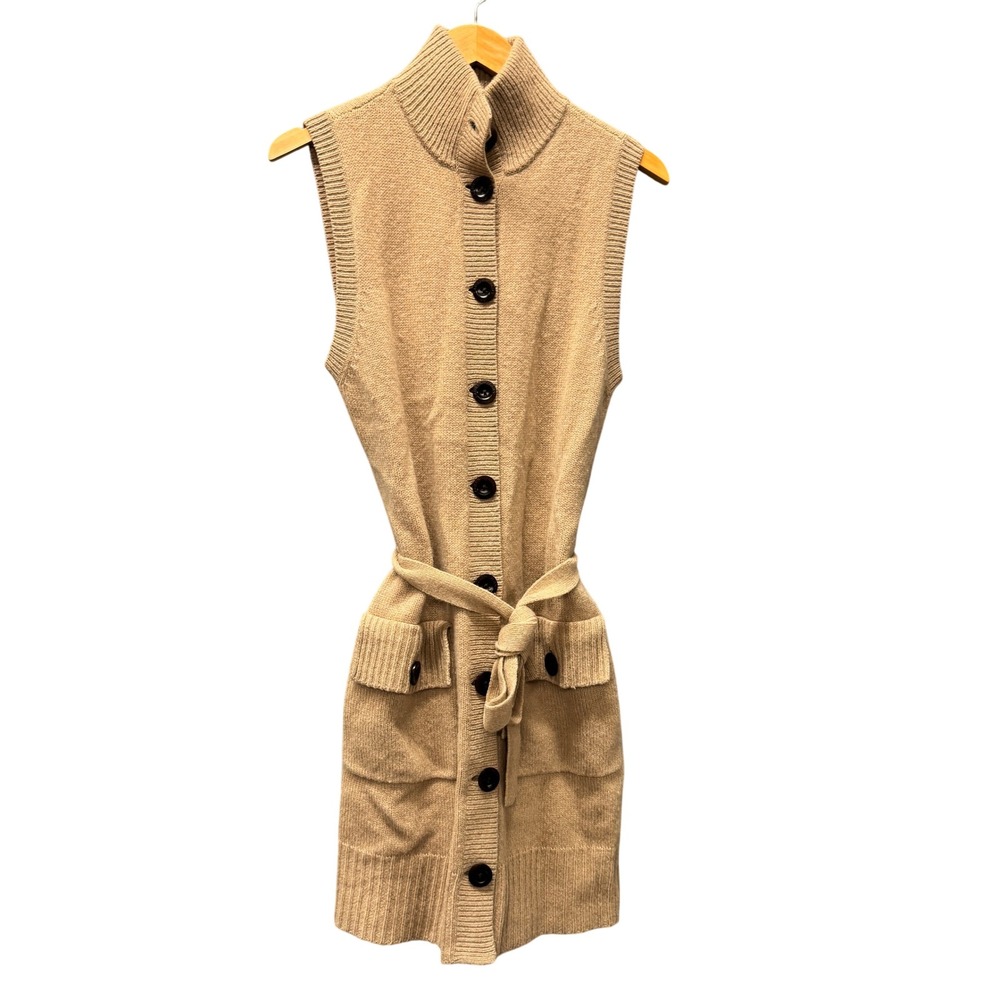 Lauren Jeans Co Sweater Vest Womens Medium Button Up Belted Tan Lambswool VTG